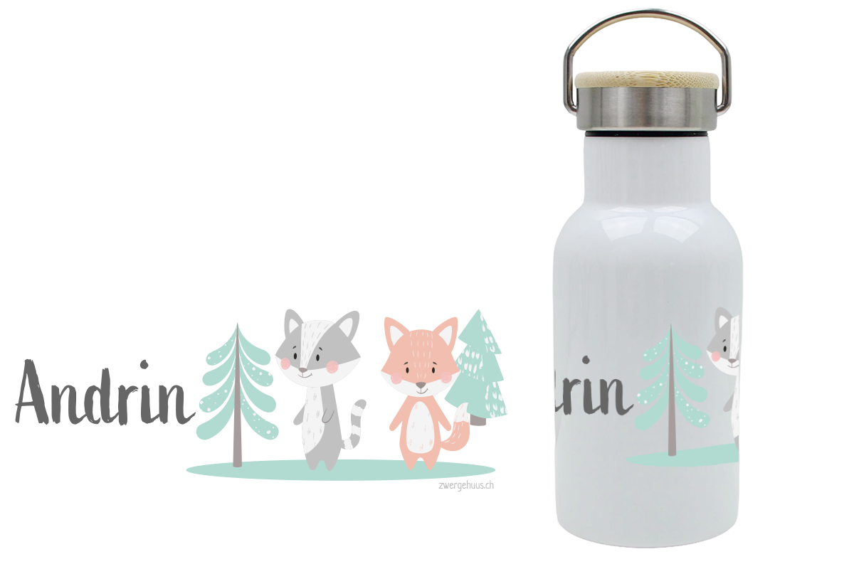 Thermoflasche mit Bambusdeckel für Kinder mit Waldmotiv und Name personalisiert