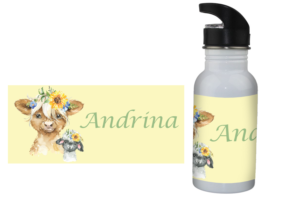 Personalisierte Trinkflasche für Kinder mit Highlandtieren und Name