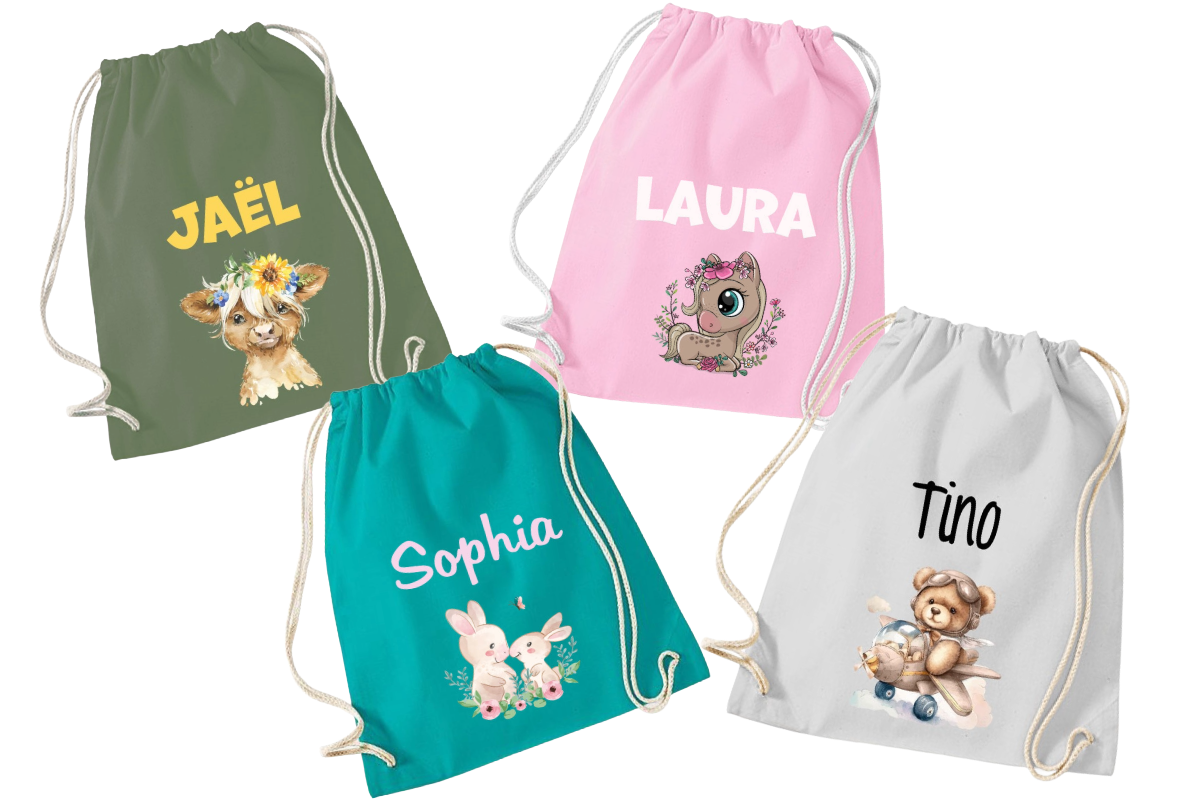 Turnbeutel für Kinder bedruckt mit Name und Motiv