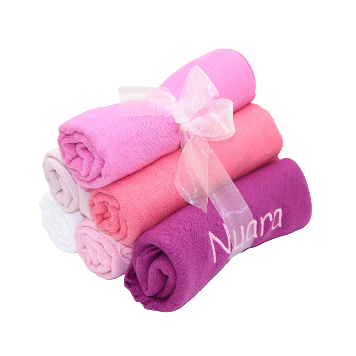 Geschenkset mit Nuscheli in pinktönen und mit den Namen 