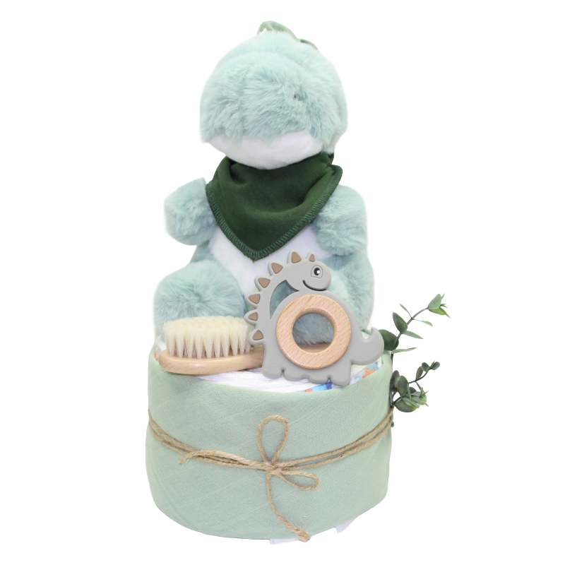 Windeltorte als Geburtsgeschenk mit einem Nuscheli und grünem Dino-Plüschtier