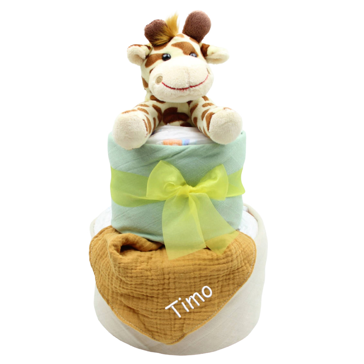 personalisierte Windeltorte mit Giraffe und besticktem Halstuch