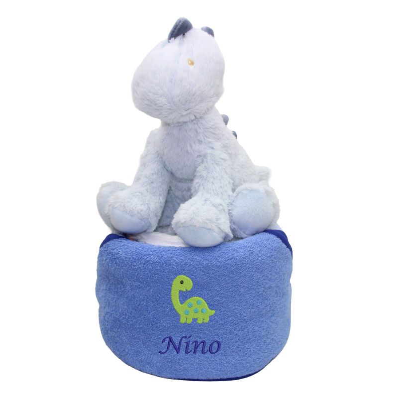 Personalisierte Windeltorte mit einem Dinoplüschtier in der Farbe blau
