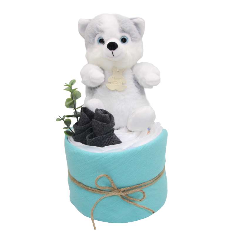 Windeltorte mit einem Nuscheli und einem Husky Kuscheltier