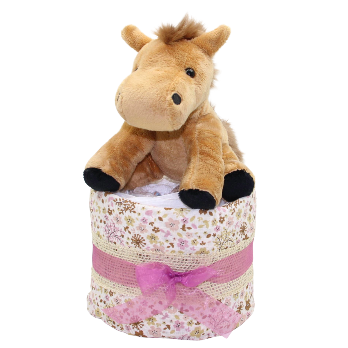Windeltorte mit bedrucktem Nuscheli und Kuscheltier Pferd