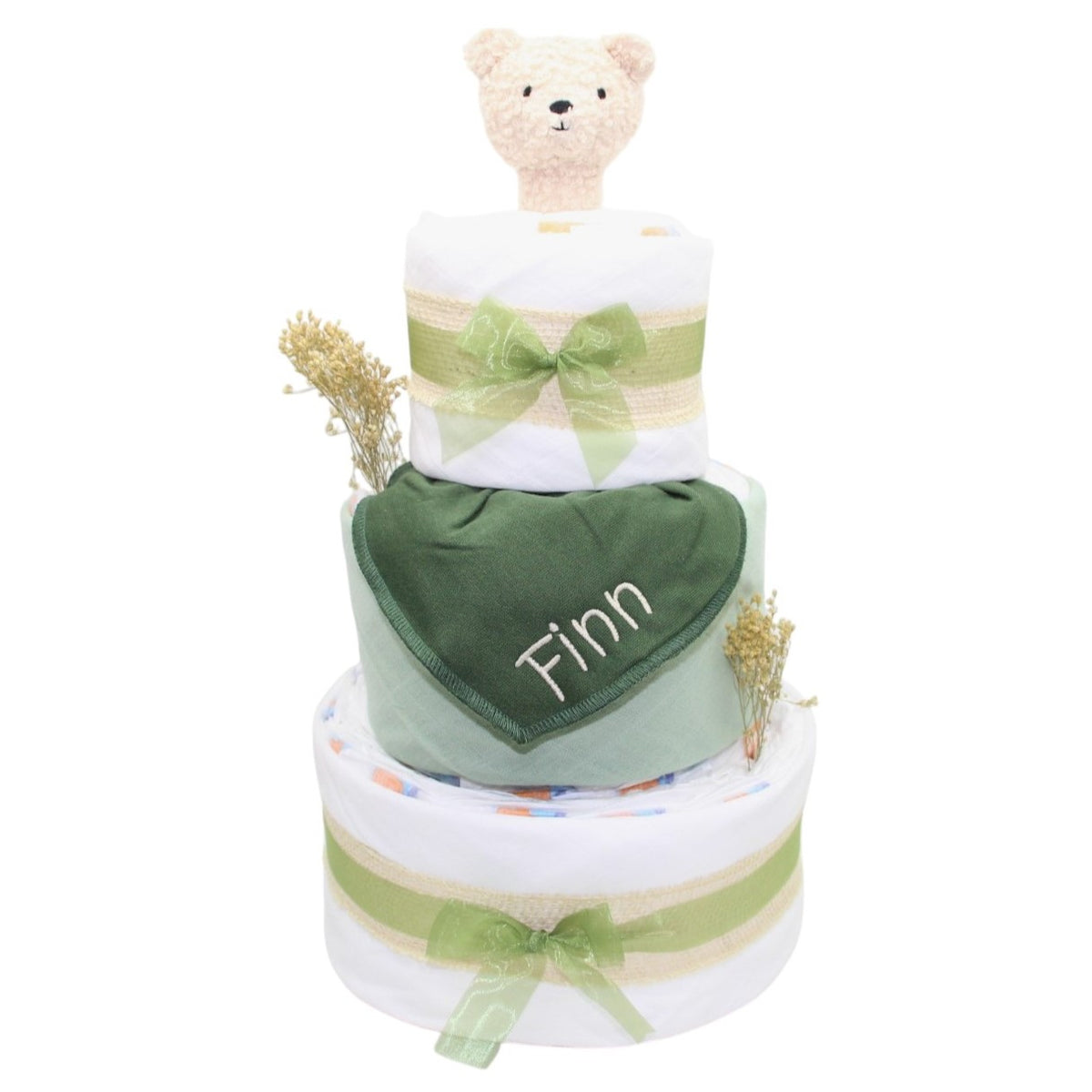 Diaper cake with rattle green tones