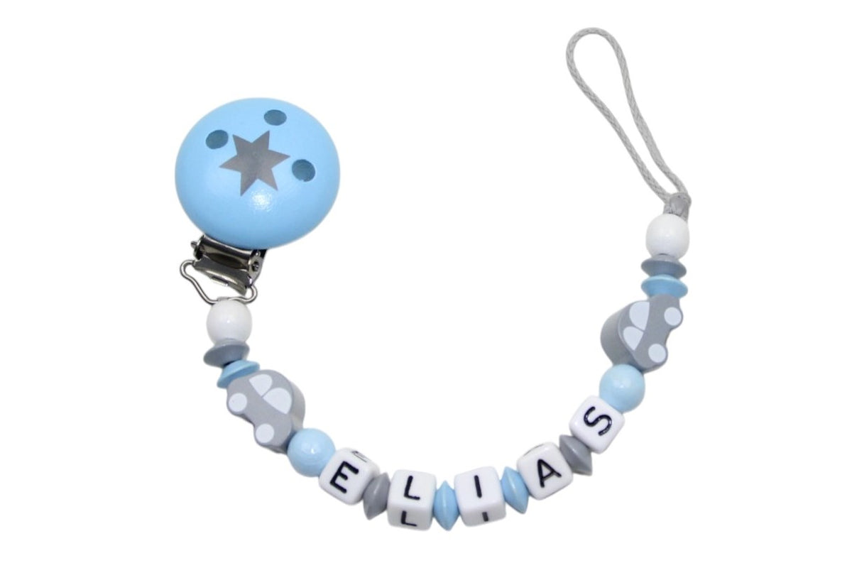 Nuggikette mit Name Auto grau:pastellblau