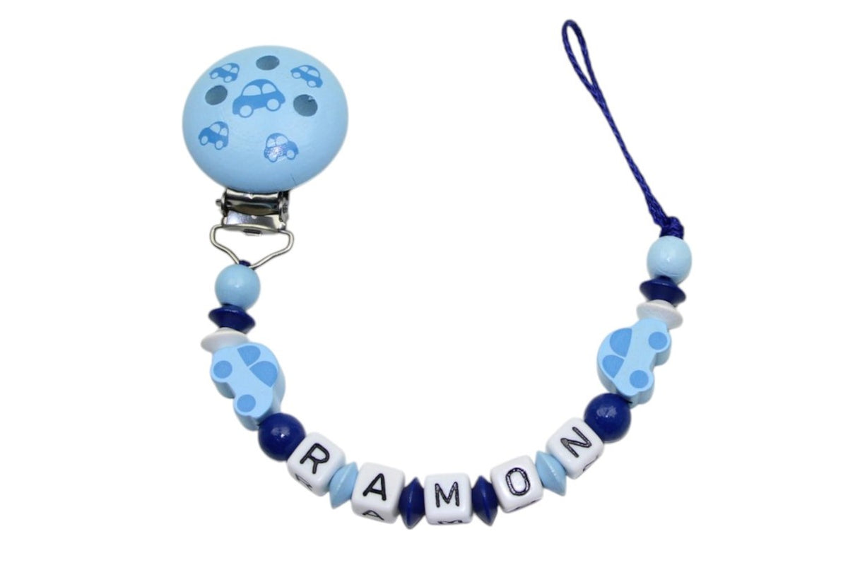 Nuggikette mit Name Auto pastellblau