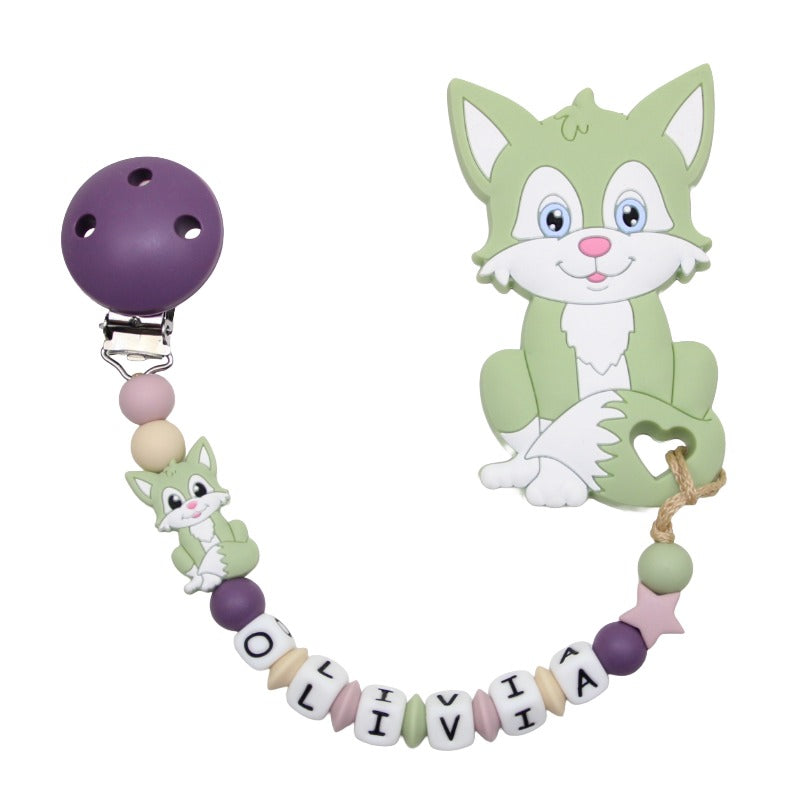 Silicone pacifier chain with name and fox pendant lime green:grape