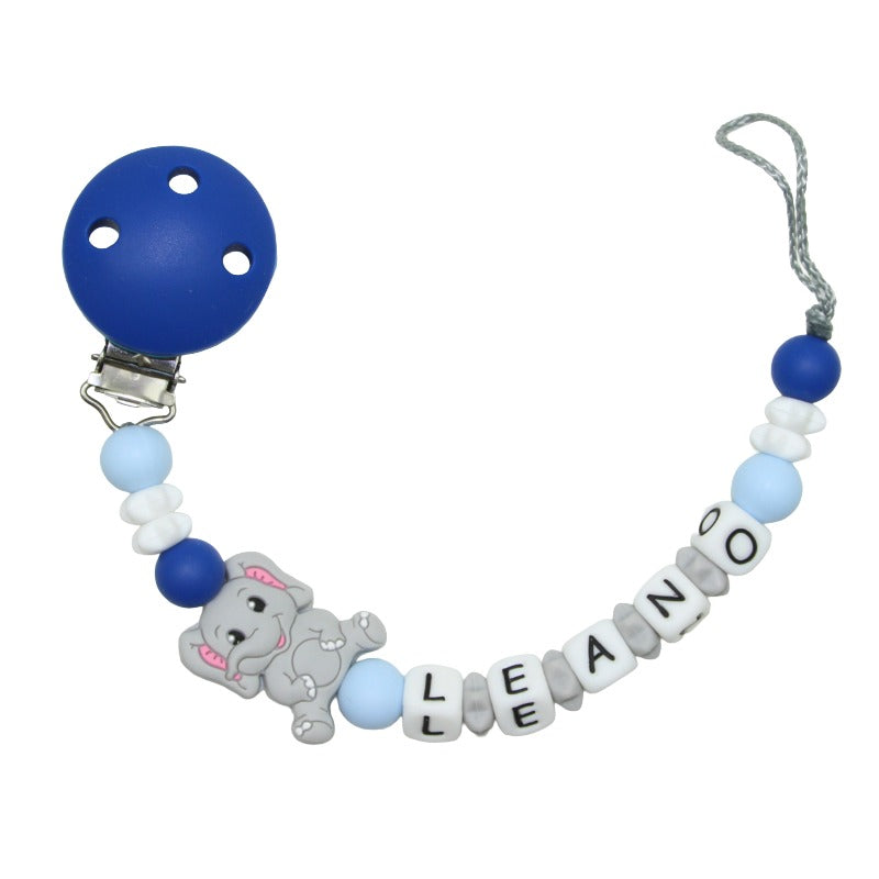 Nuggikette Silicone avec nom Elephant Bleu clair: Gray