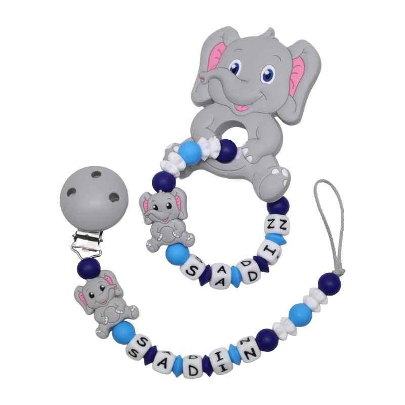 Nuggikette und Greifling aus Silikon mit Elefant als Babygeschenk