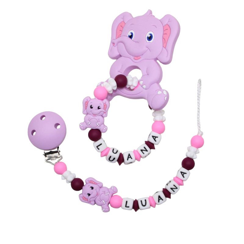 Personalisiertes Geschenkset aus Silikon mit Elefant in flieder