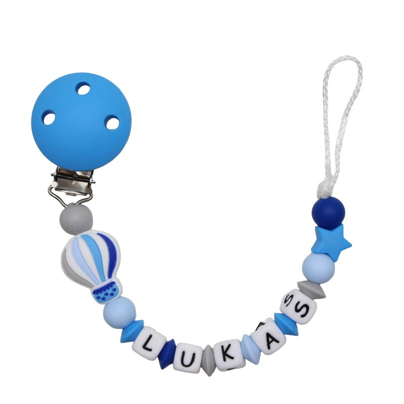 Silicone pacifier chain with name hot air balloon light blue:gray