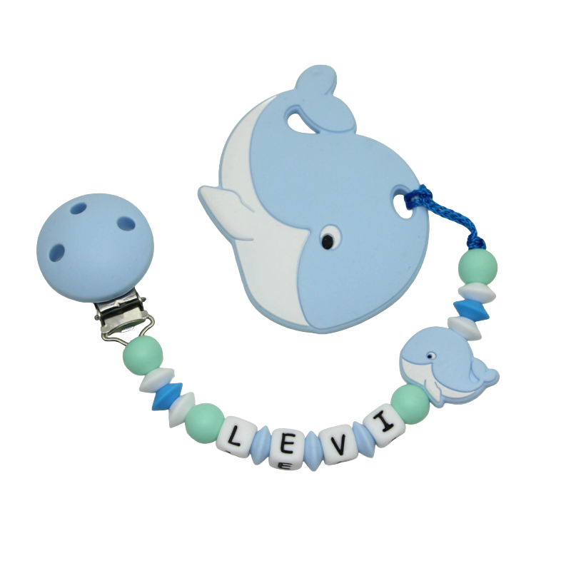 Nuggikette Silikon mit Name und Anhänger Walfisch pastellblau