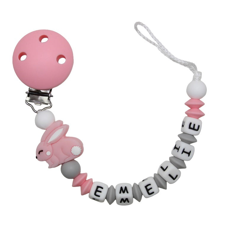 Nuggikette Silikon mit Name Hase pastellrosa:grau