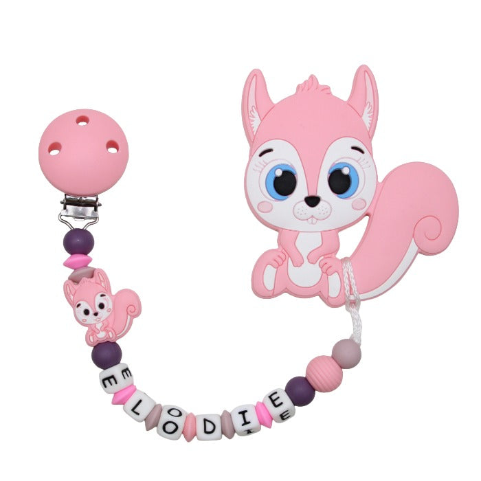 Nuggikette Silicone avec nom et pendant écureuil pastel rose: raisin