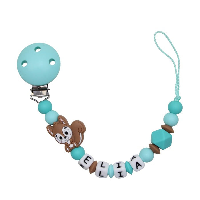 Silicone pacifier chain with name squirrel aqua:camel
