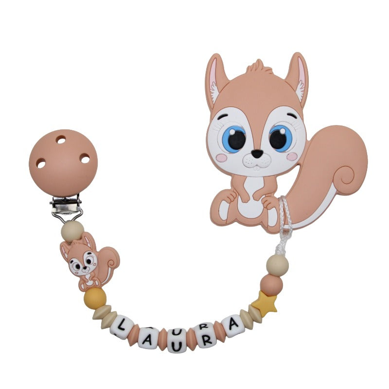 Silicone pacifier chain with name and pendant squirrel peach:mustard yellow