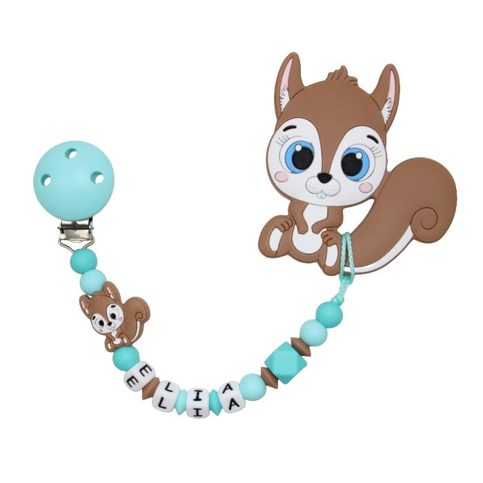 Nuggikette Silikon mit Name und Anhänger Eichhörnchen aqua:camel