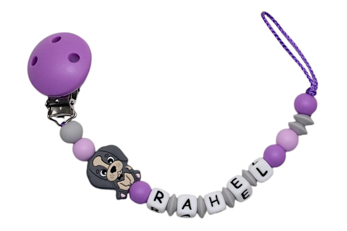 Nuggikette Silicone avec nom chien violet: gris