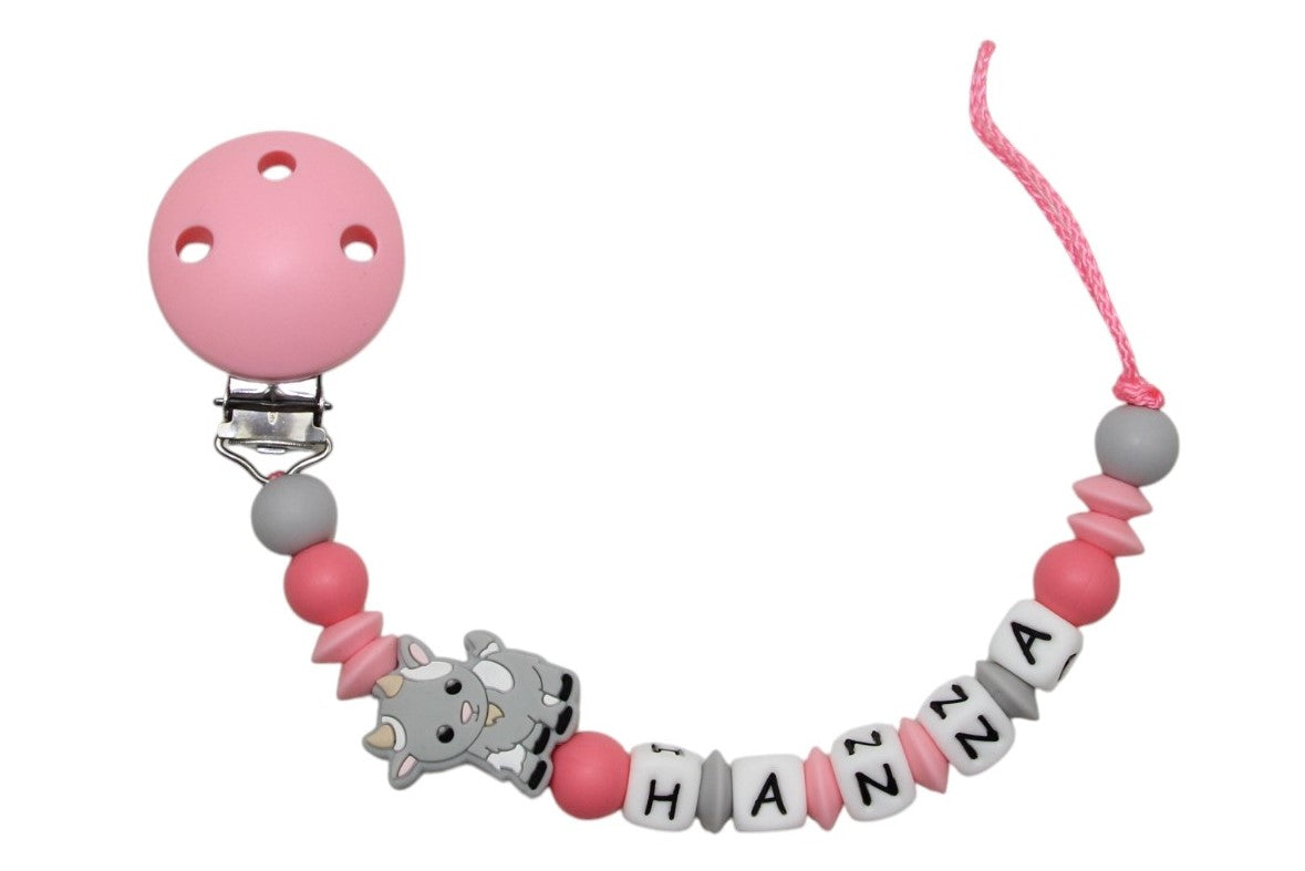 Silicone pacifier chain with name goat pastel pink:gray