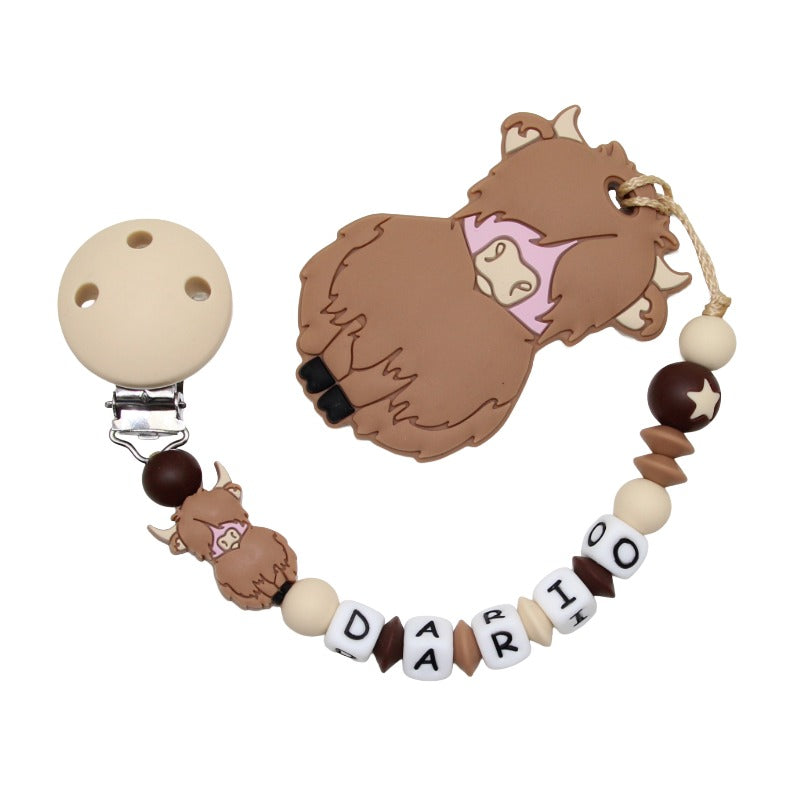Nuggikette Silicone avec nom et remorque Highland Cow Beige: Camel