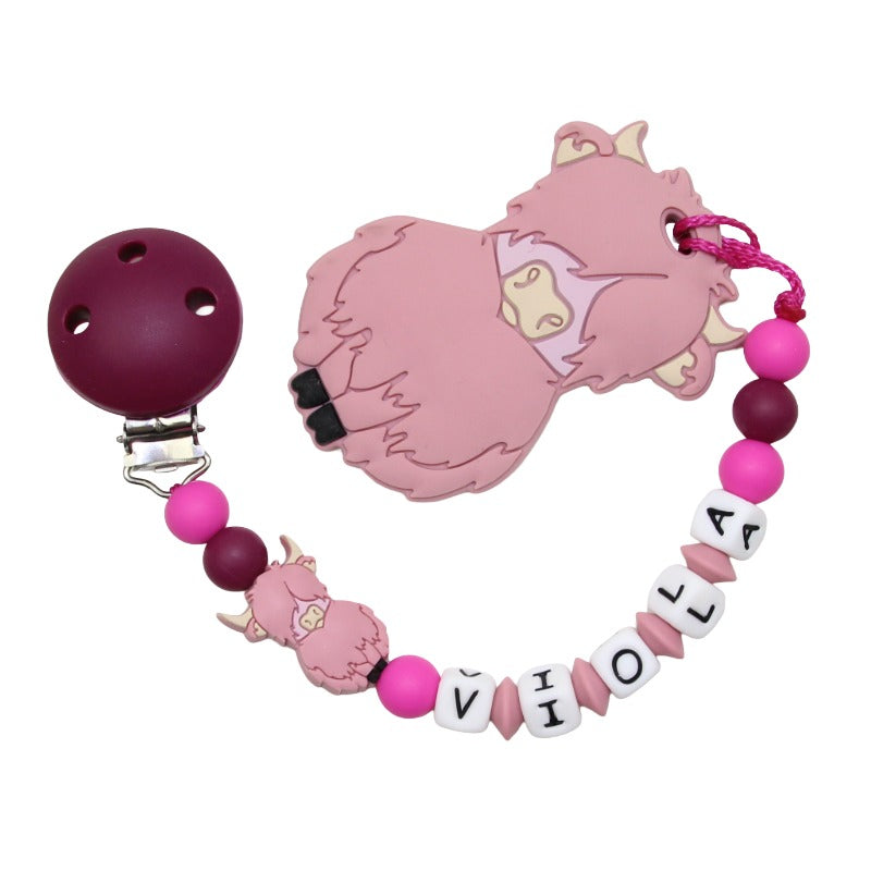 Nuggikette Silicone avec nom et remorque Highland Cow Red Wine: Blush