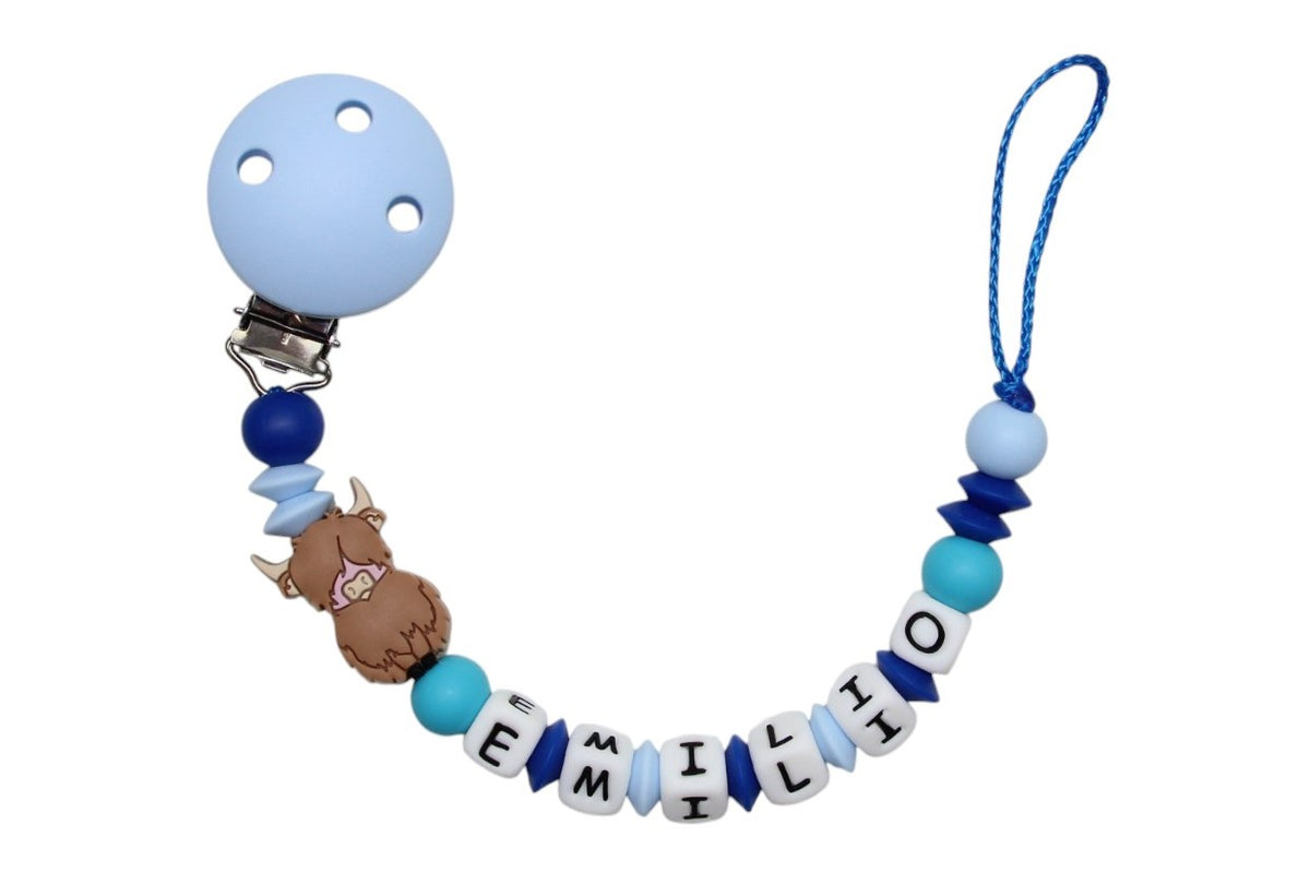 Nuggikette Silicone avec nom Highland Cow Pastel bleu