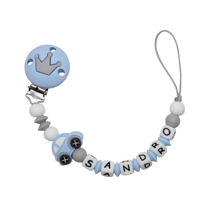 Silicone pacifier chain with name roses pastel blue:white