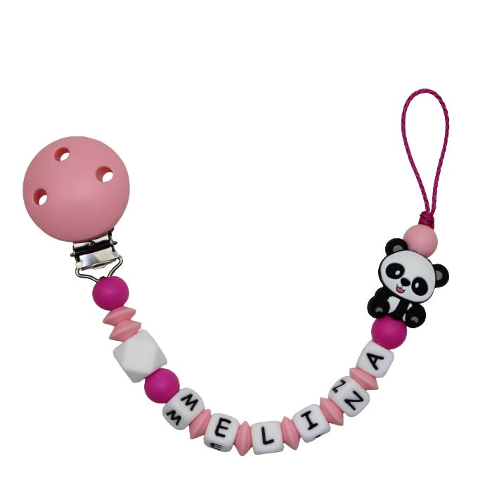 Silicone pacifier chain with name panda pastel pink:dark pink