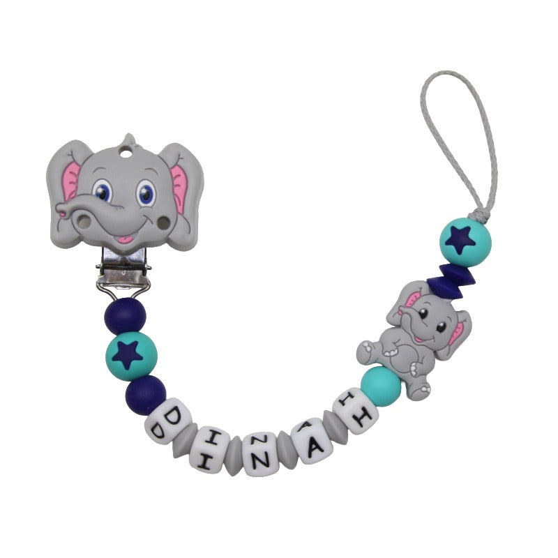Nuggikette Silicone avec nom Clip d'éléphant Gris clair