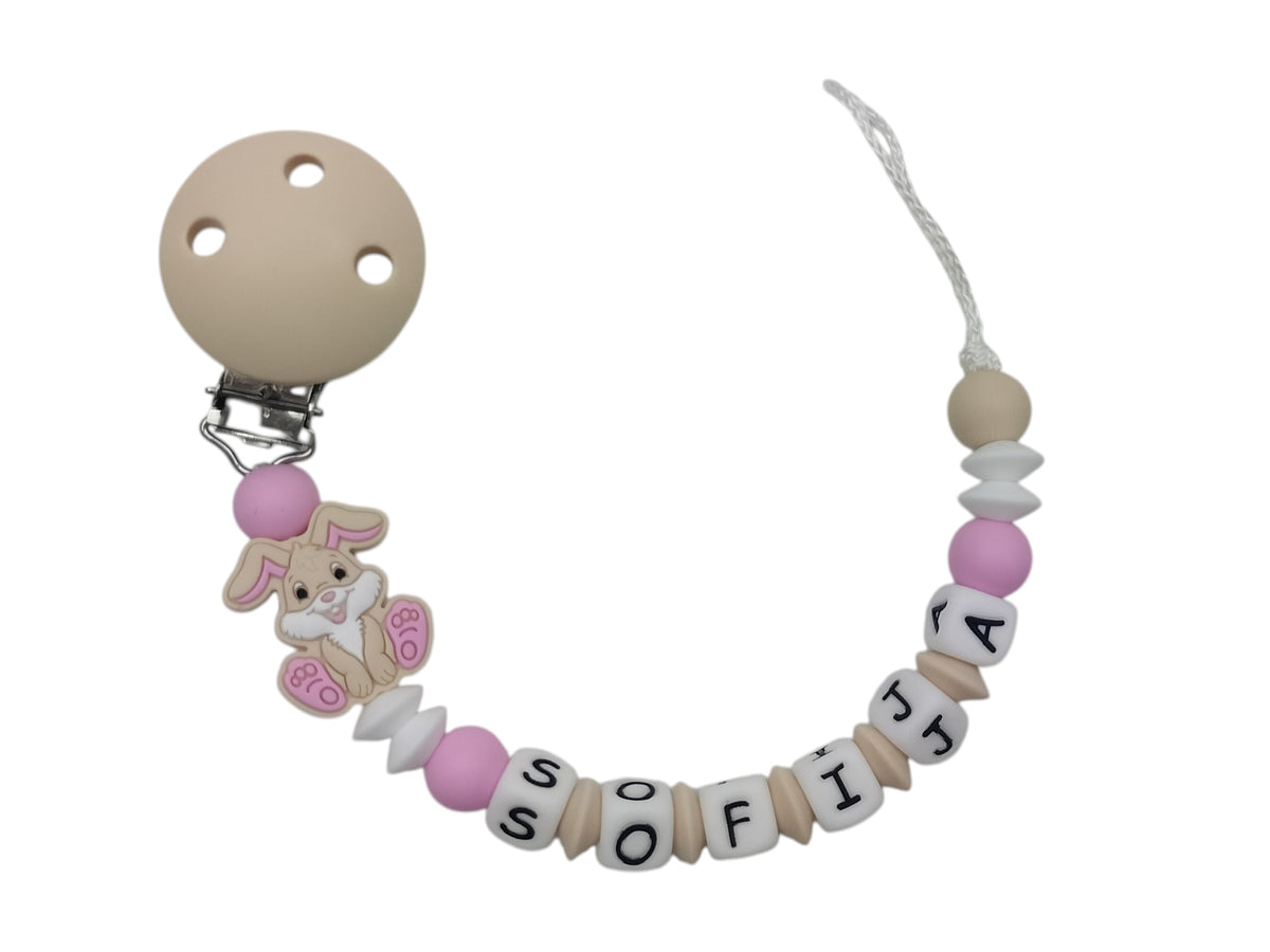 Personalisierte Nuggikette aus Silikon mit Bunny und Name, in beige und rosa