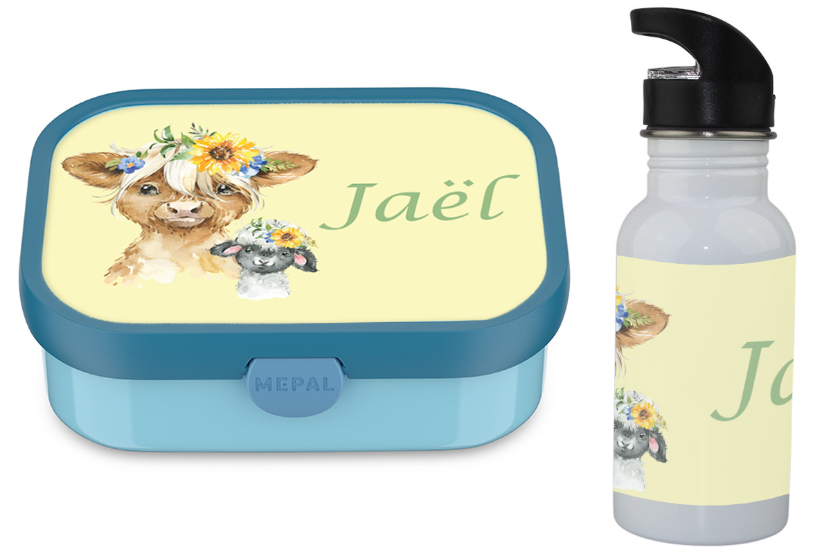 Personalisiertes Znüniset für Kinder mit Highlandtiere-Motiv