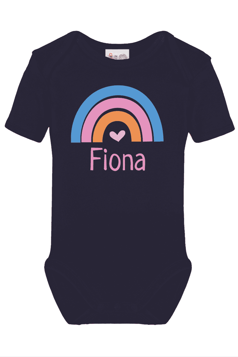 Kurzarm-Body bedruckt mit Name und Regenbogen pink