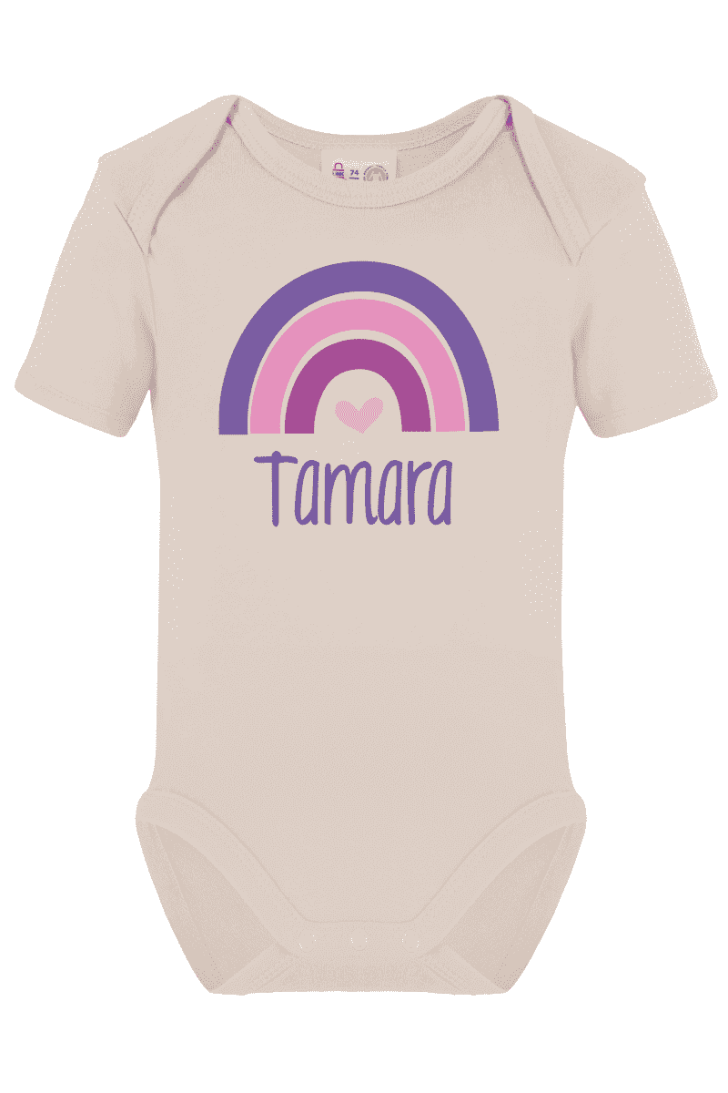 Kurzarm-Body bedruckt mit Name und Regenbogen lila