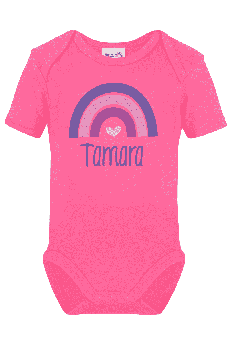 Kurzarm-Body bedruckt mit Name und Regenbogen lila