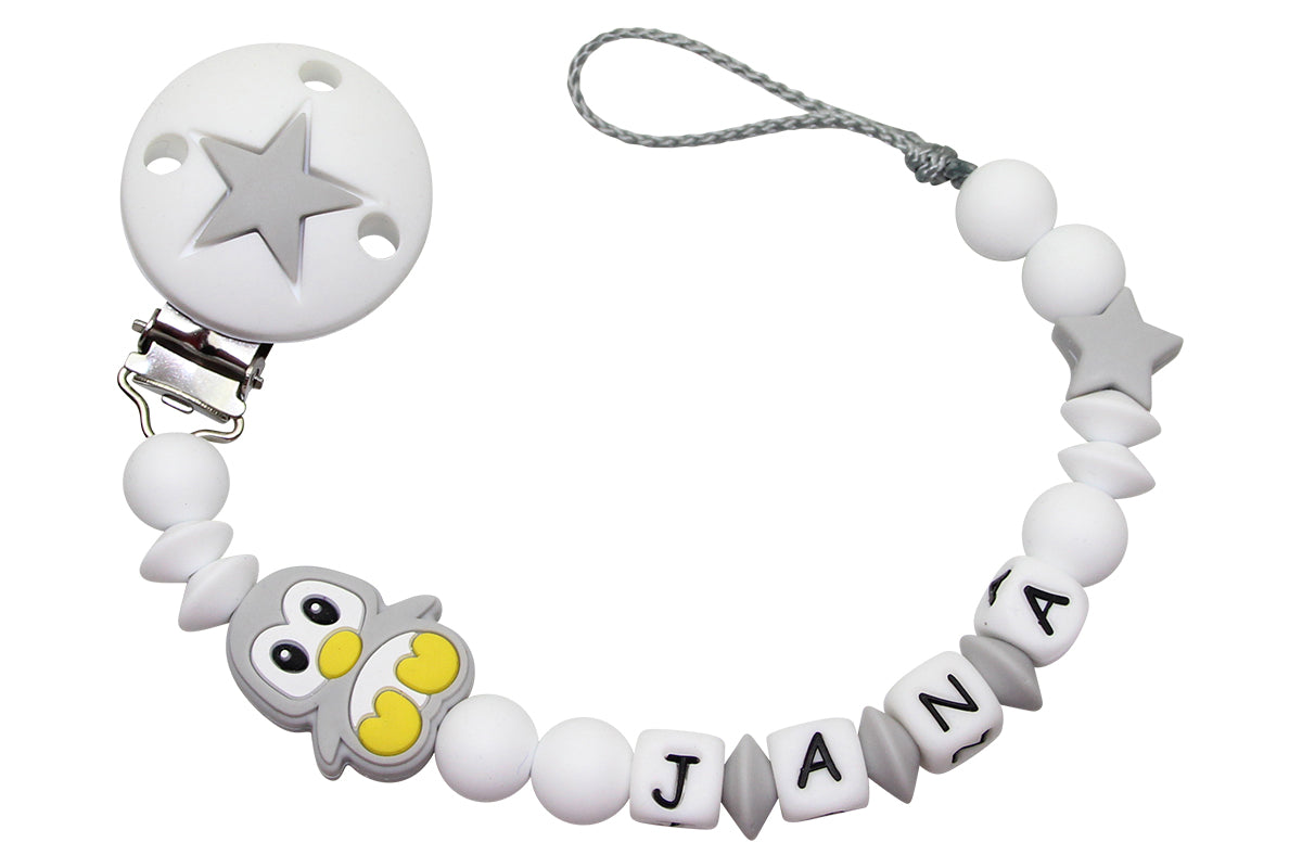 Nuggikette Silicone avec nom Penguin Gris clair: blanc