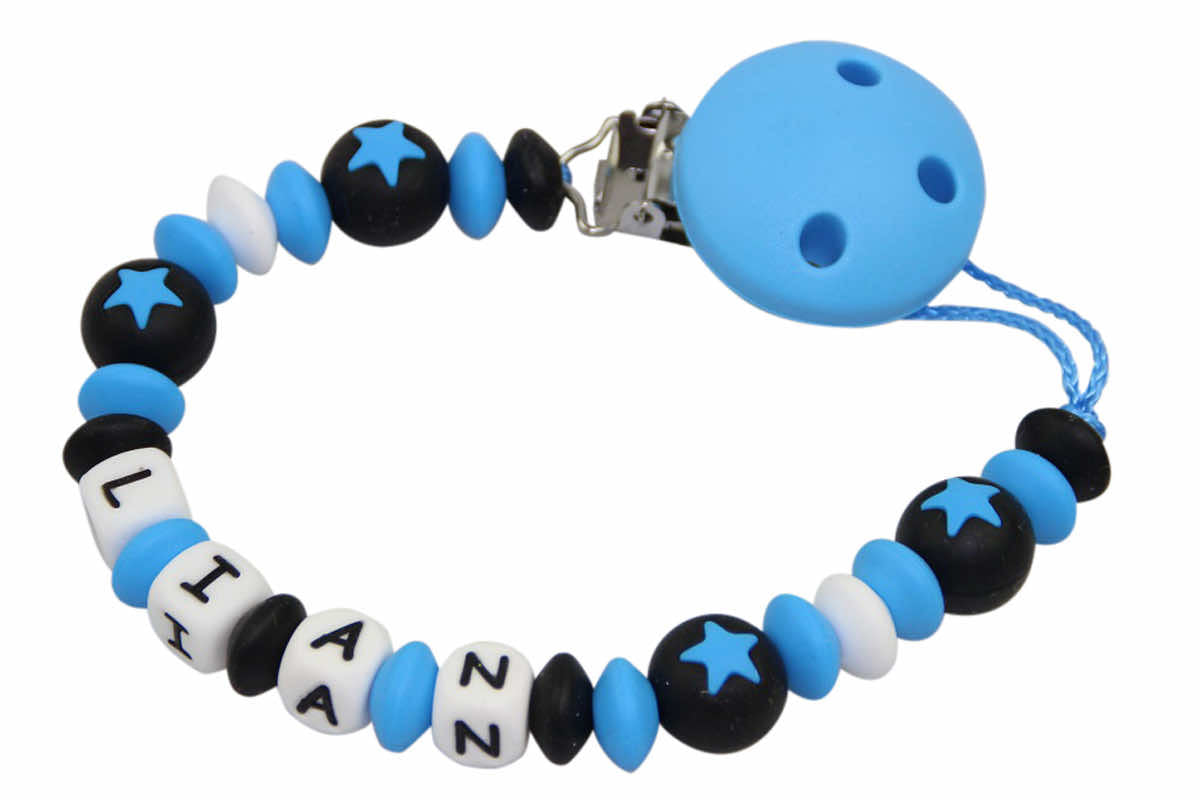 Nuggikette étoiles en silicone bleu clair: noir