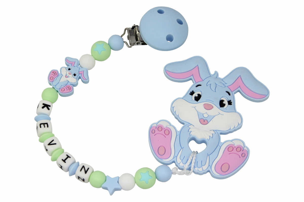 Silicone pacifier chain with name and bunny pendant pastel blue