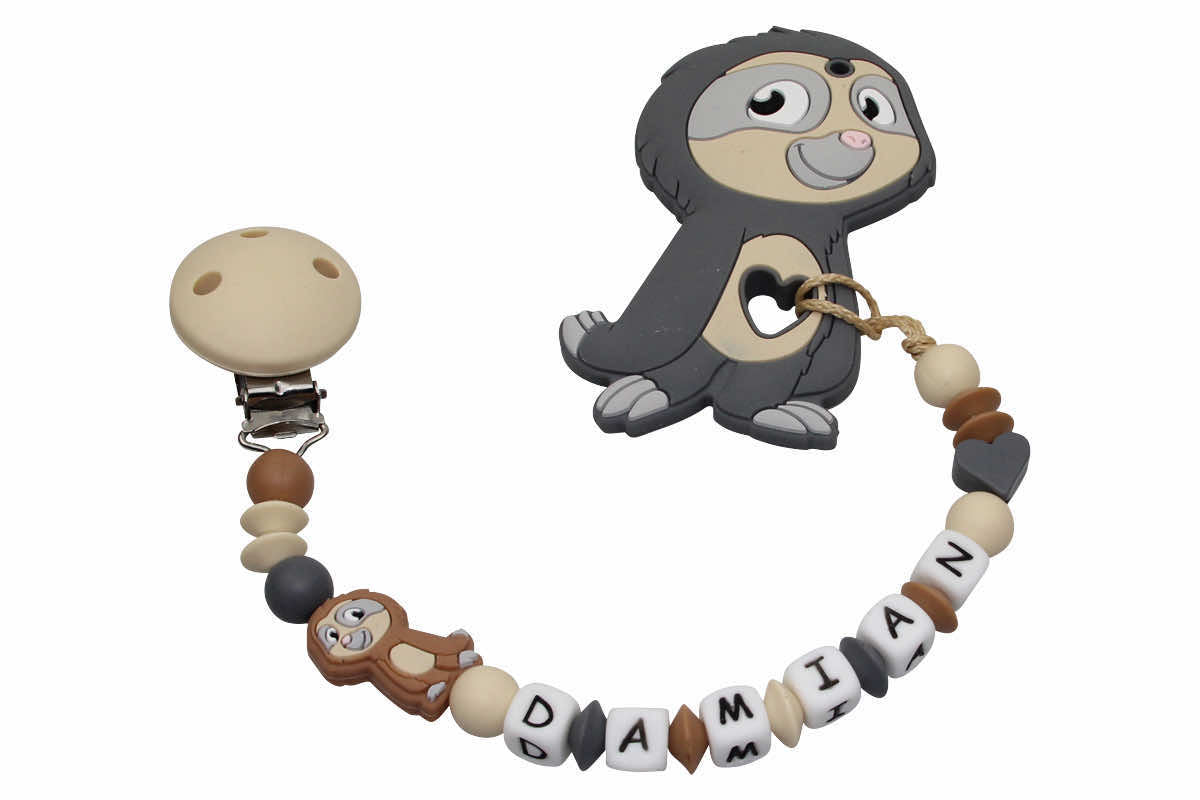 Nuggikette Silicone avec nom et remorque paresseux Gris: Camel