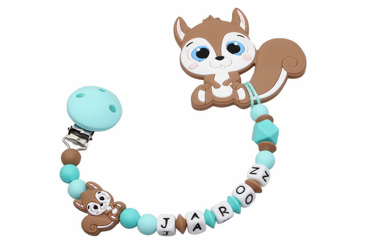Nuggikette Silicone avec nom et pendant Squirrel Aqua: Camel