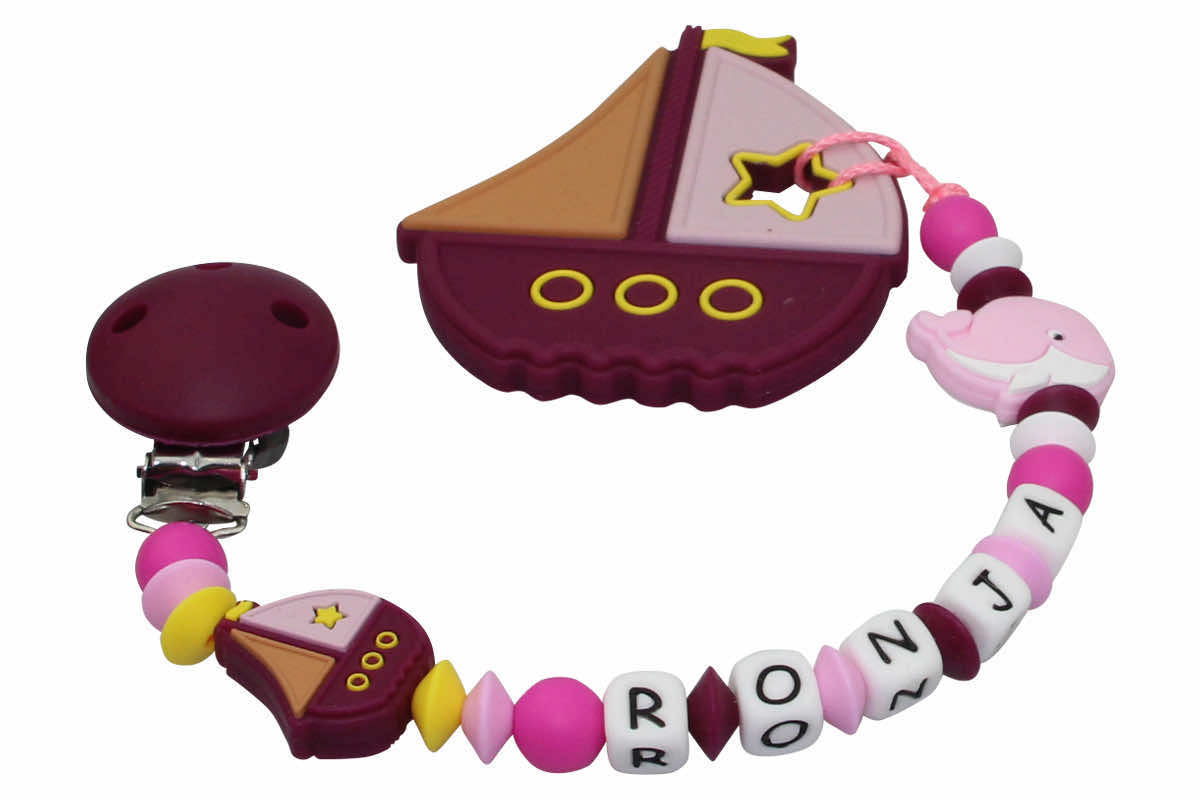 Silicone pacifier chain with name and pendant sailing ship red wine