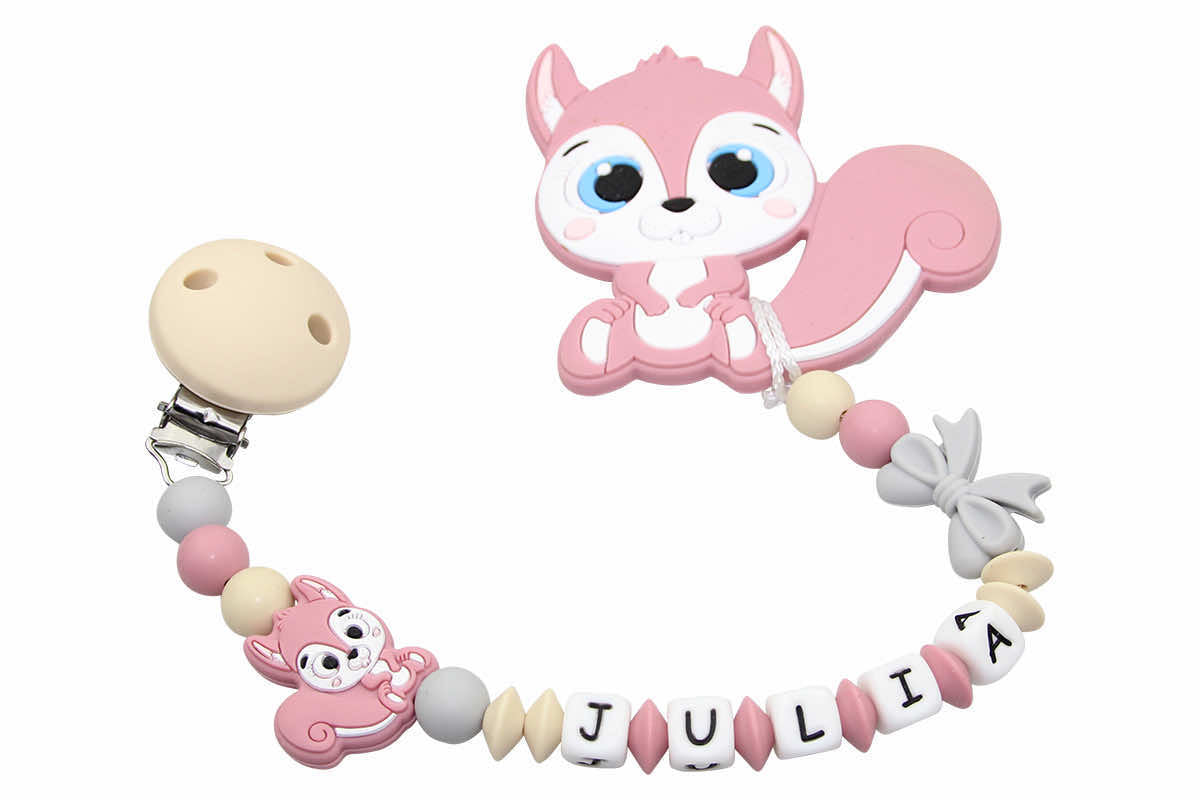 Nuggikette Silicone avec nom et écureuil pendant beige: Blush