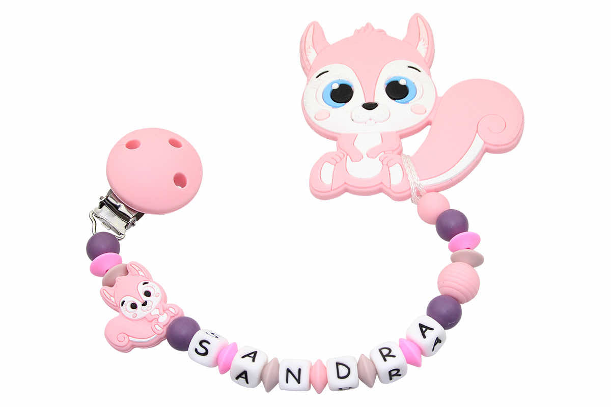 Nuggikette Silicone avec nom et pendant écureuil pastel rose: raisin