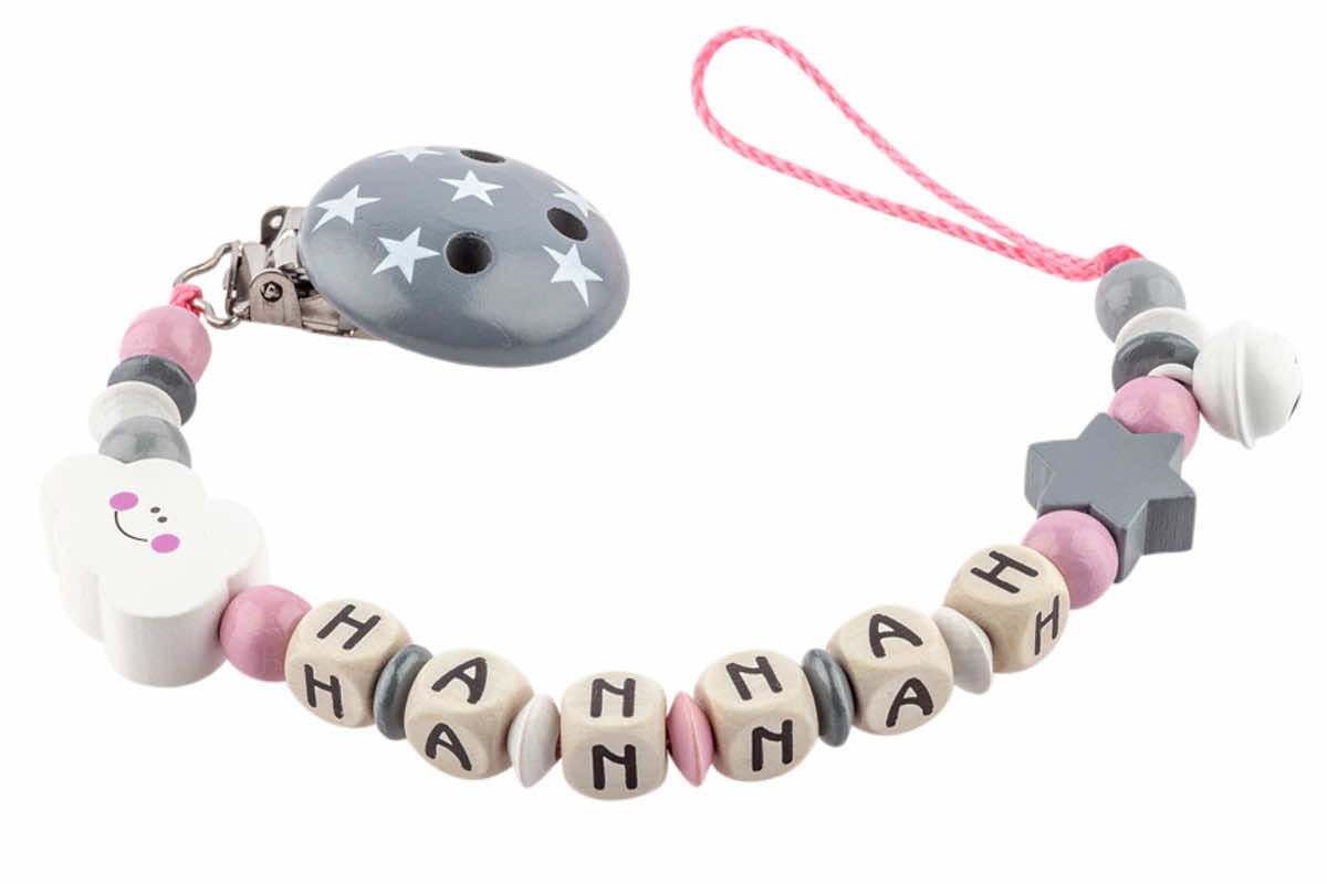 Nuggikette avec nom nuage: étoile pastel rose: gris