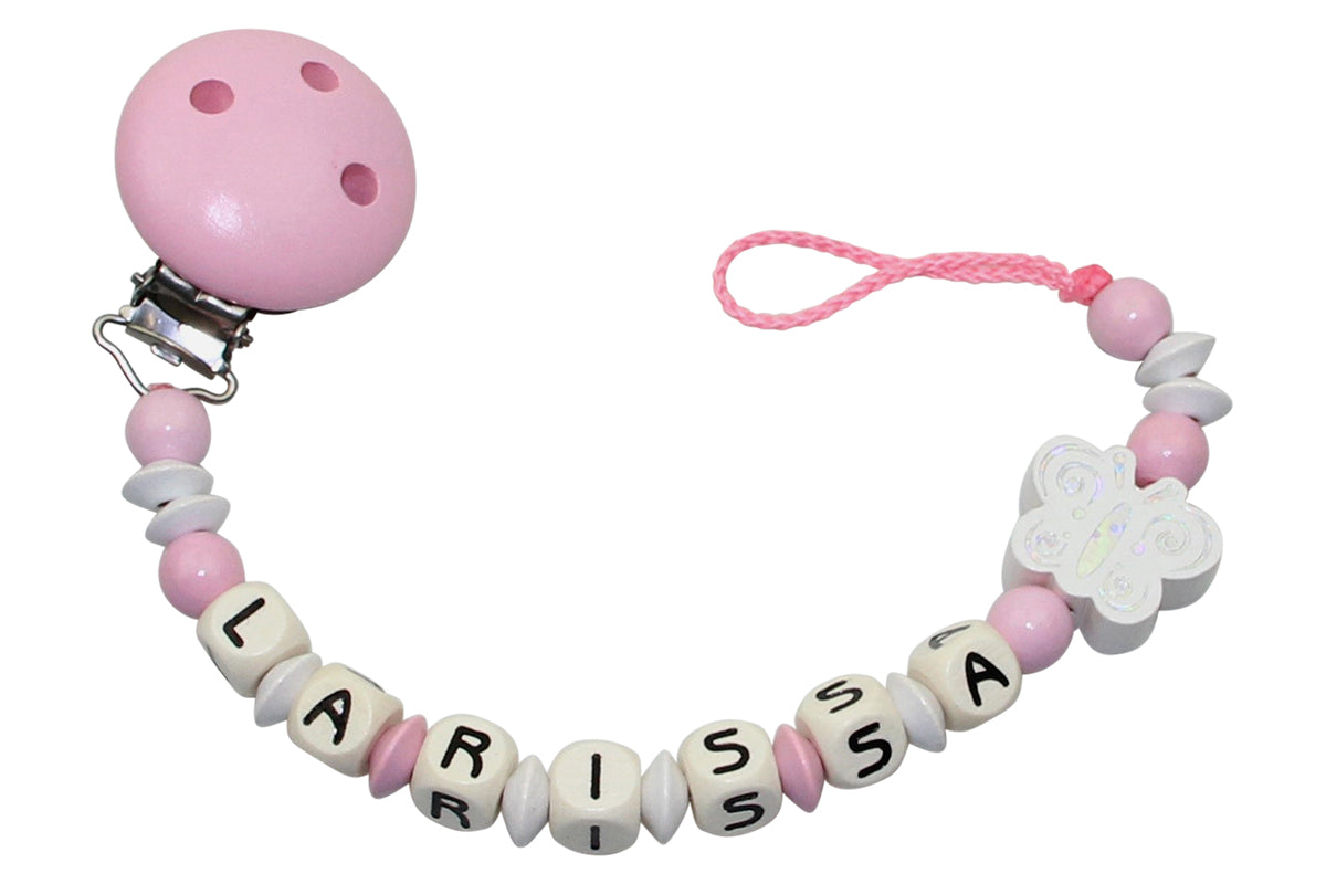 Nuggikette mit Name Glitzerschmetterling pastellrosa:weiss