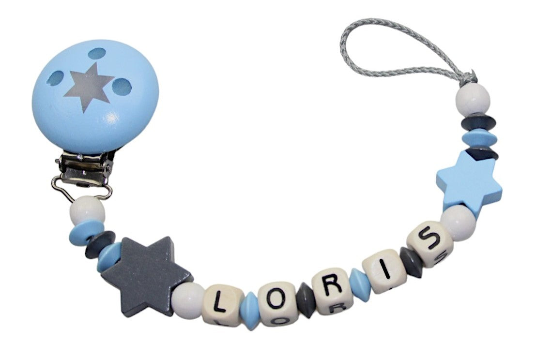 Nuggikette mit Name Sternchen pastellblau:grau