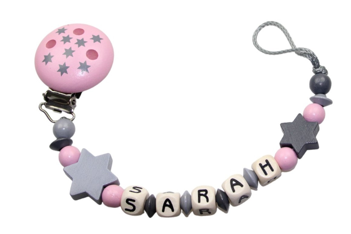 Nuggikette mit Name Sternchen pastellrosa:grau