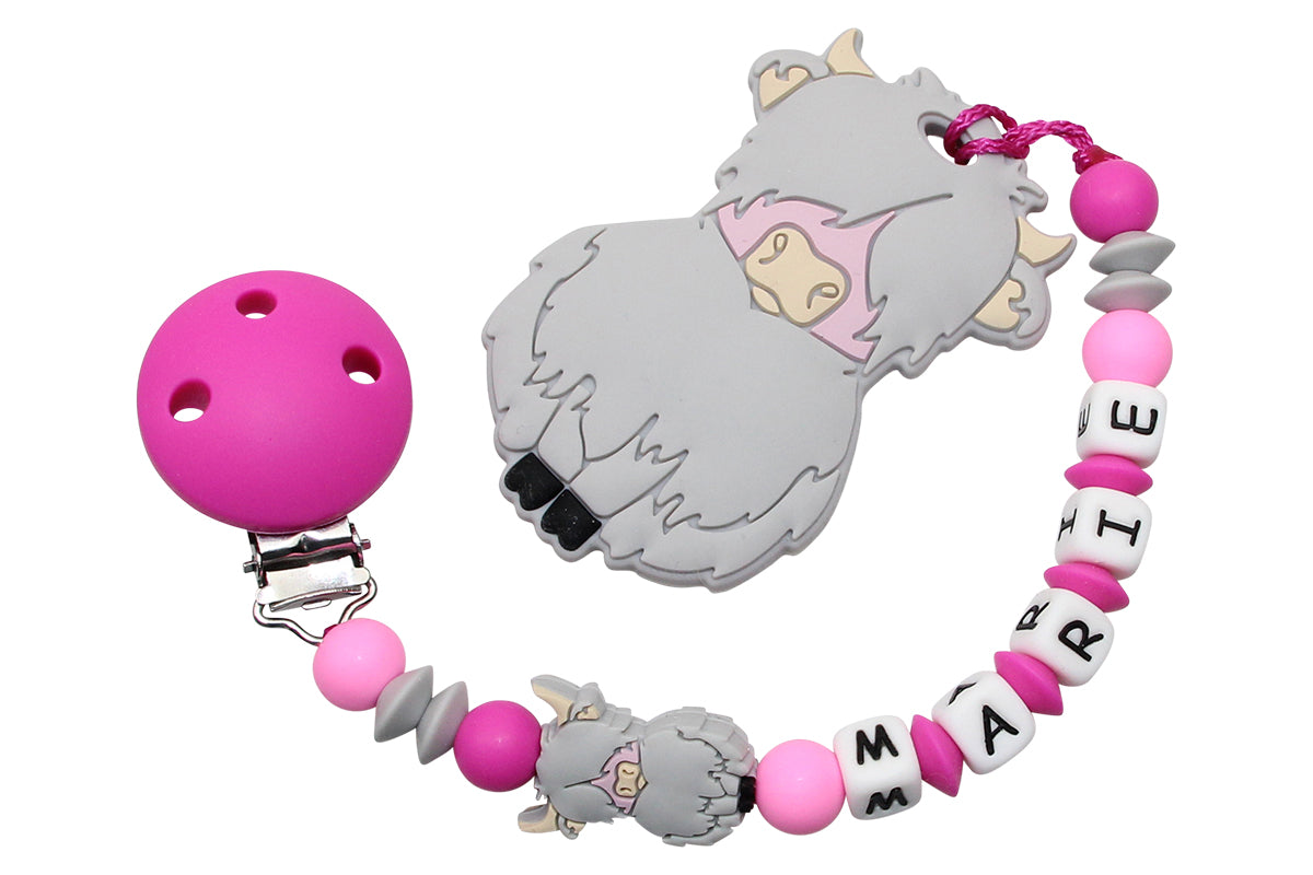 Nuggikette Silicone avec nom et remorque Highland Cow Rose foncé: gris clair