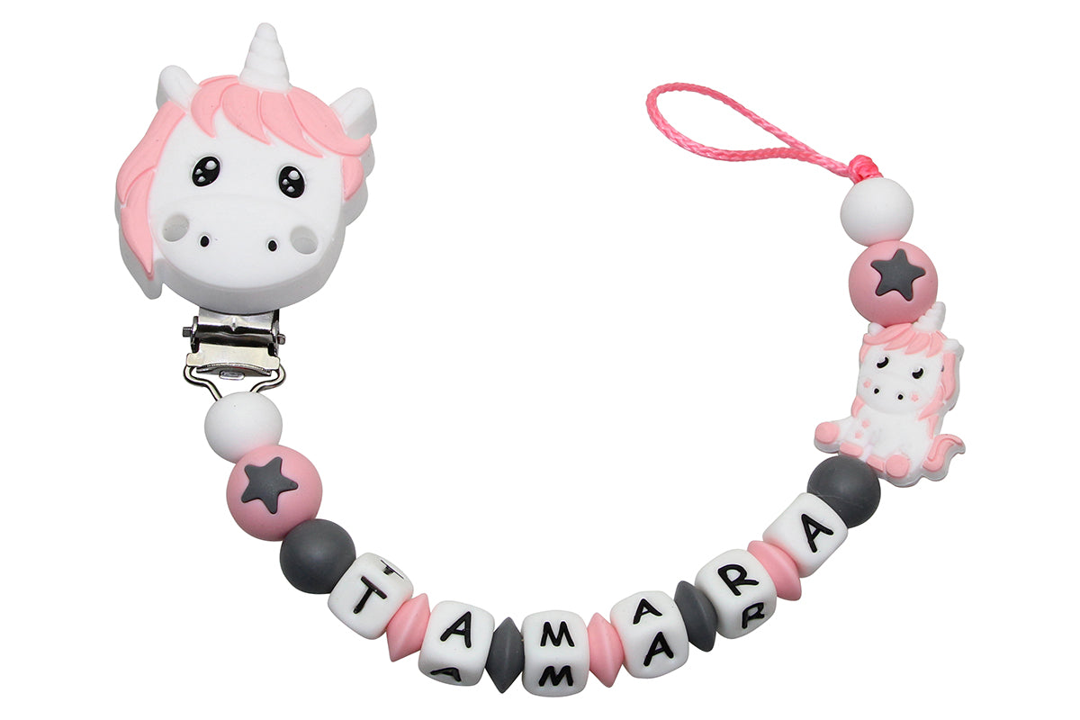 Nuggikette Silikon mit Name Einhornclip pastellrosa